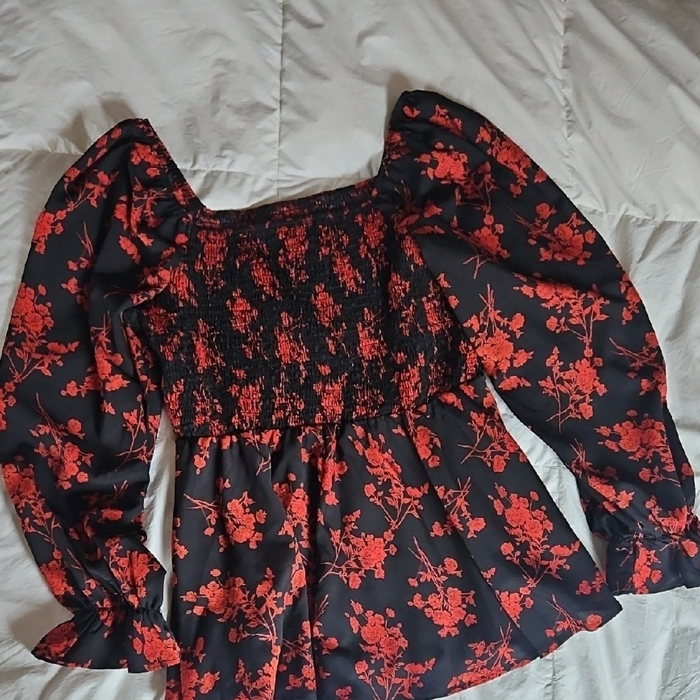 SHEIN Black and Red Floral Smocked Blouse